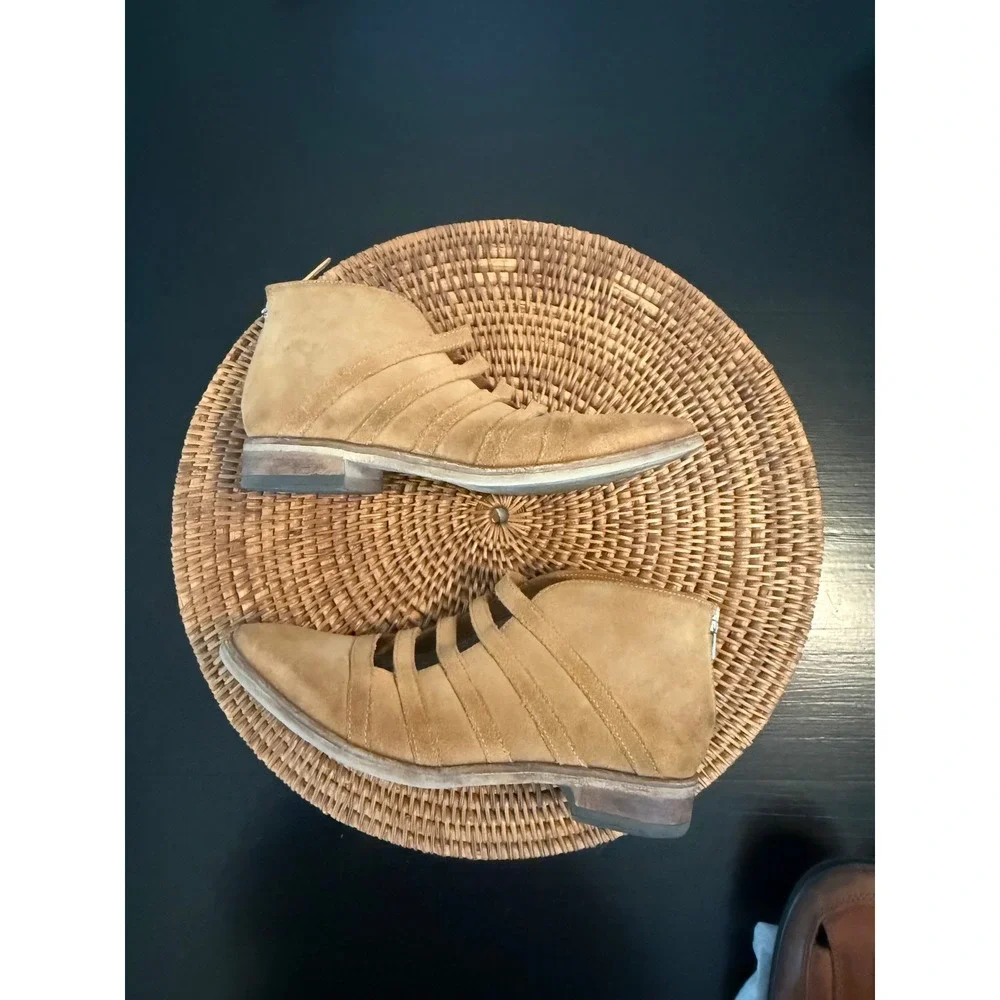 Free‎ People Tan Suede Caged Ankle Boots Pointed Toe Strappy Booties Size 38